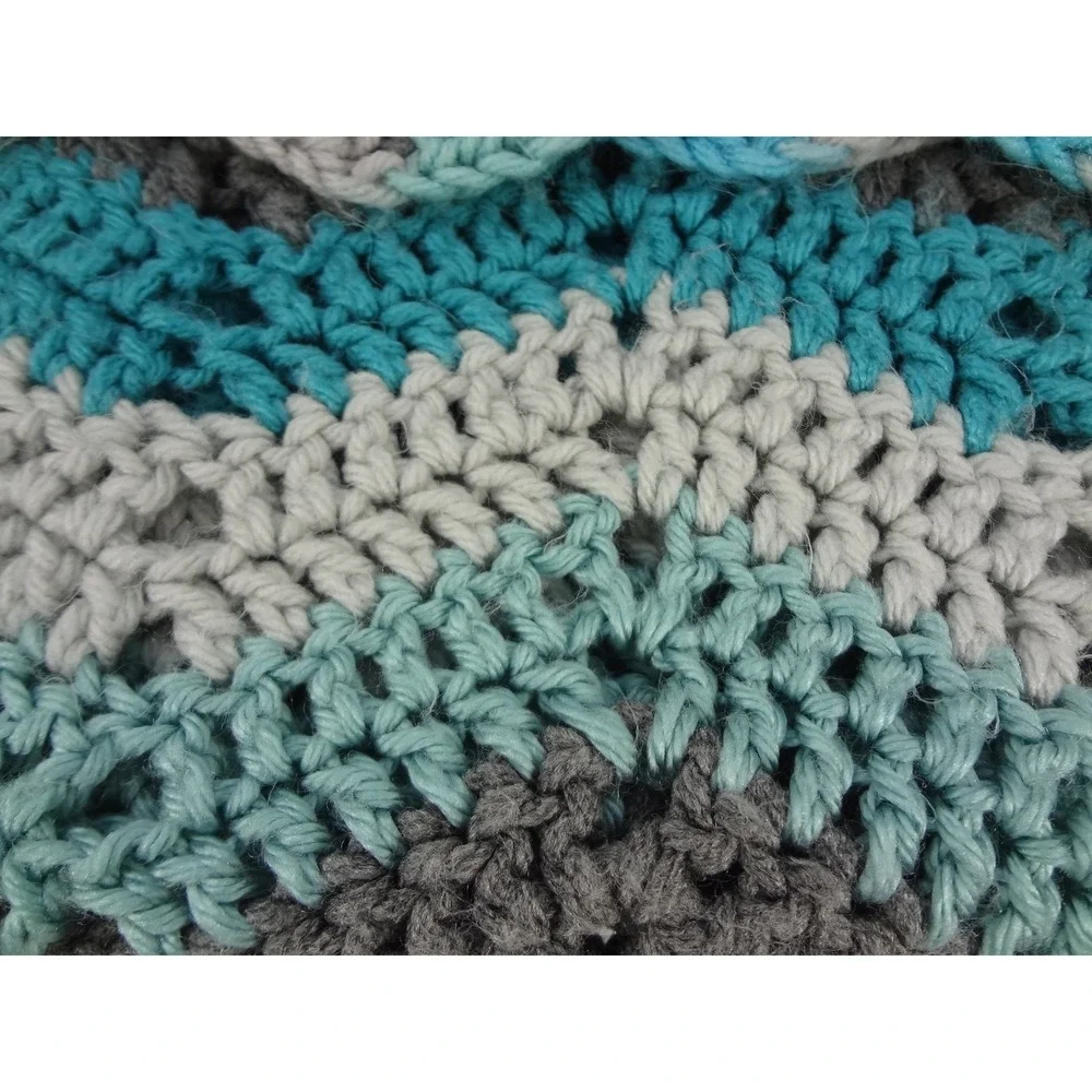 Handmade Crochet Chevron‎ Throw Afgan Turquoise Grey White Ripple Coastal